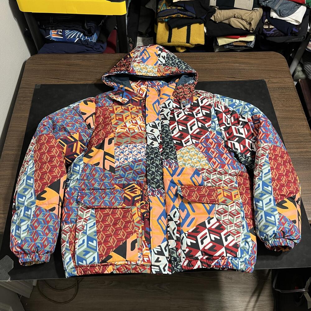 FILA Mav Joanna Jacket Mens 2XL Hooded Puffer Full Zip Ski Logo Winter Geometric